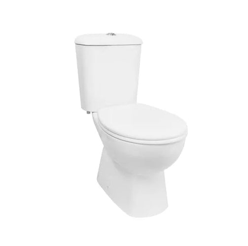 A white ceramic toilet suite with a closed lid, designed for bottom water inlet.