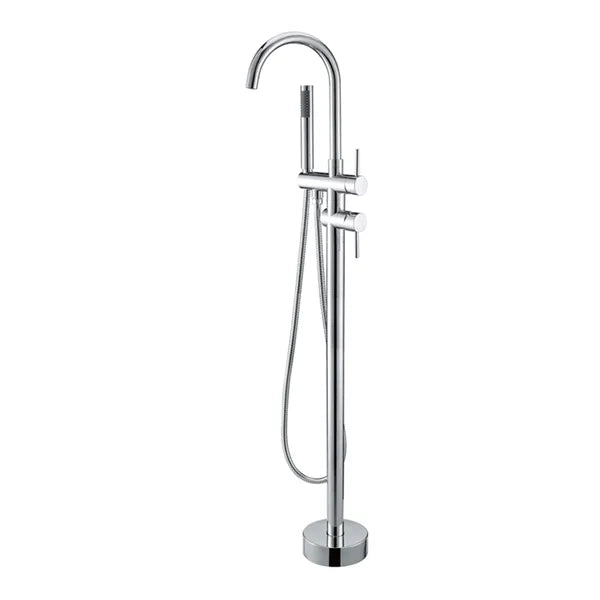 A brushed nickel  floor standing mixer with a sleek, contemporary design, featuring a hand shower and a brushed nickel handle.