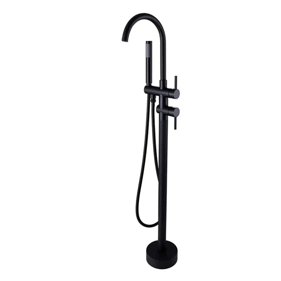 A matte black  floor standing mixer with a sleek, contemporary design, featuring a hand shower and a matte black handle.
