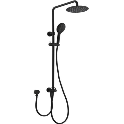 A matte black round twin shower with dual hose bottom inlet, featuring a large overhead rain shower head and a smaller detachable handheld shower head.