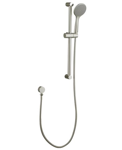 A brushed nickel shower rail with a slider and attached hand-held shower head.