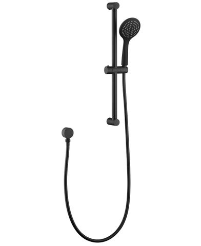 Matte black shower rail with a single arm and a slider.