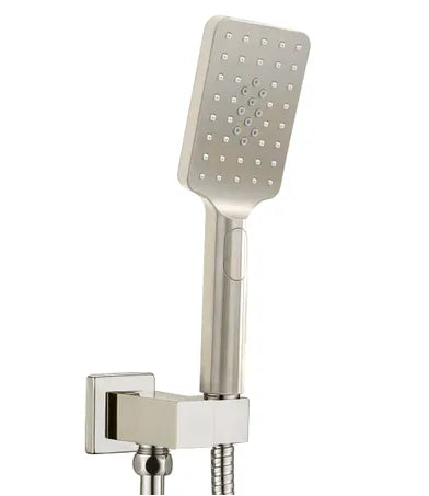 A brushed nickel hand shower with a square-shaped head and a sleek, metallic finish handle.