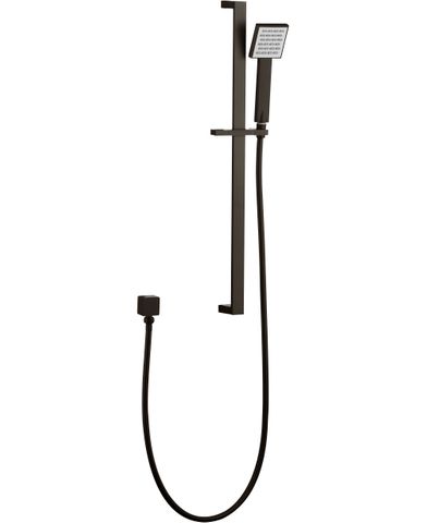 A gun metal shower rail with a square design and an adjustable height mounting arm.