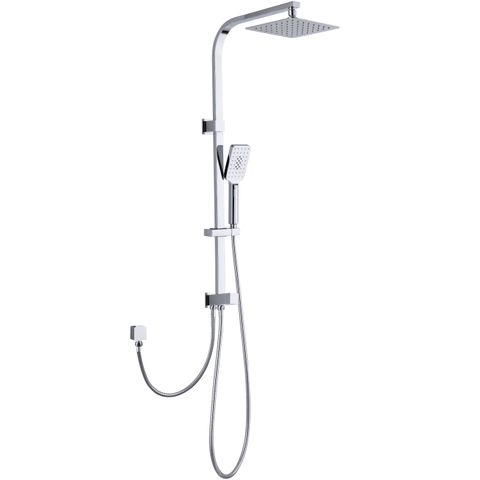 A square twin shower with a chrome finish, featuring a dual hose bottom inlet and a handheld shower arm.