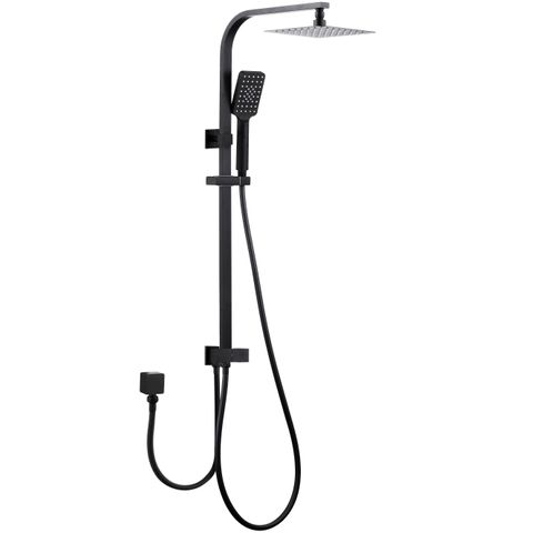 A matte black twin shower with a bottom inlet and a handheld shower arm, featuring a square overhead shower head and a smaller handheld shower head.