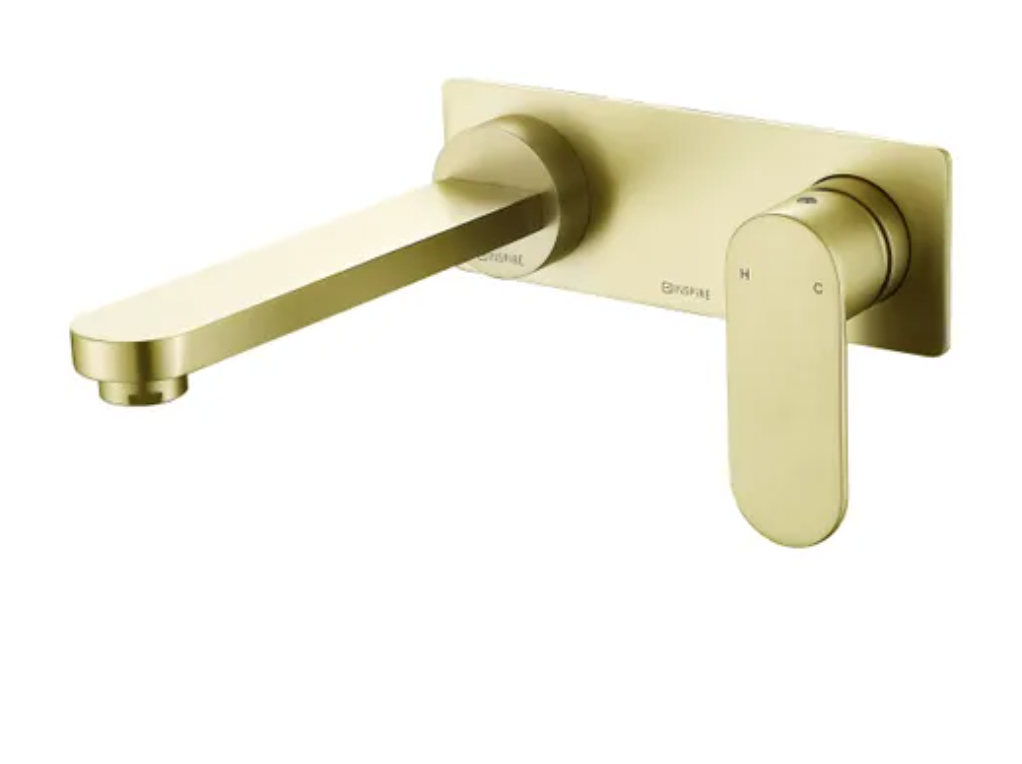 A brushed gold wall basin mixer with a sleek oval handle.