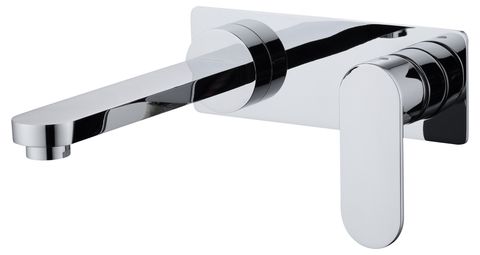 A chrome-finished wall basin mixer with a sleek, minimalist design featuring a soft oval handle.