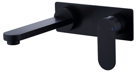 A matte black wall basin mixer with a sleek design and a soft oval handle.