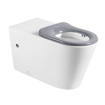 A wall-faced toilet pan in gloss white, designed for accessibility and safety in bathroom settings.