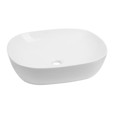 A gloss white oval basin designed for bench mounting with a smooth finish and no visible tap hole.