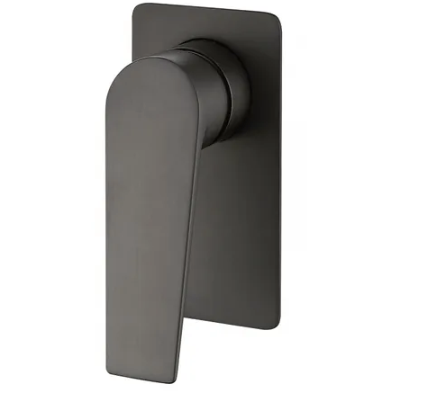A wall-mounted shower mixer in gun metal finish with a minimalist design.