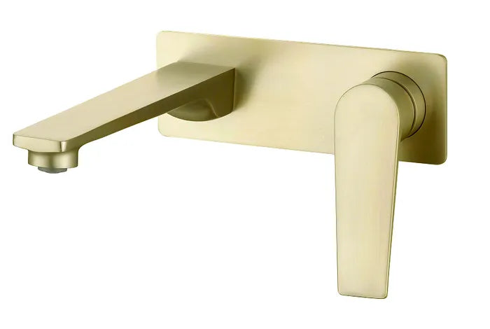 A brushed gold wall basin mixer with a minimalist design, featuring a single lever on the right side.