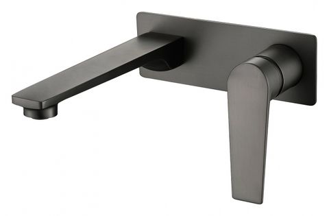 A gunmetal  wall basin mixer with a sleek oval handle.