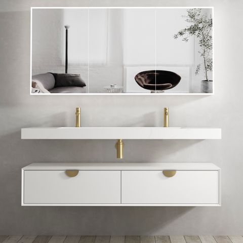 Matte White Wall Hung Vanity Cabinet 1500mm with Gold Handles 