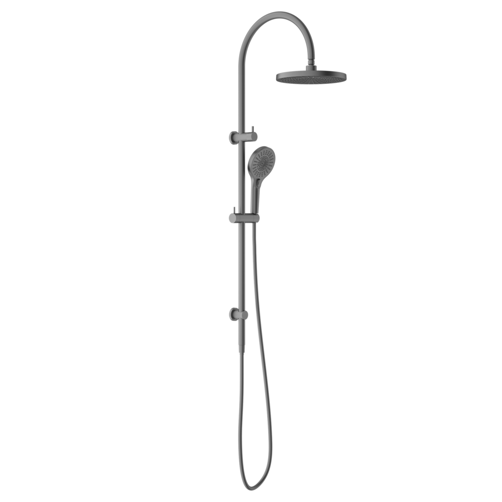 A gray combination shower with a graphite finish and a round overhead shower head.