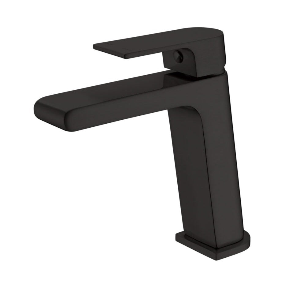 A matte black basin mixer tap with a sleek, contemporary design.