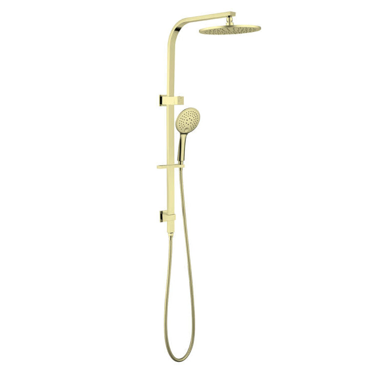nero bianca brushed gold round above Shower head with handheld shower on a rail