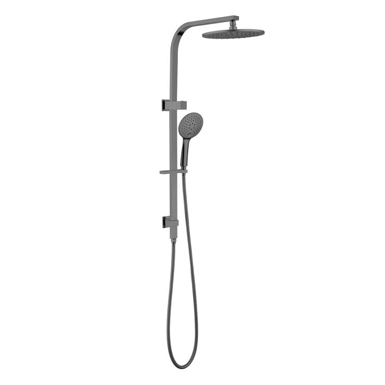 Gun metal combination shower with a round overhead shower head and a handheld shower head, both in a matching gun metal finish.