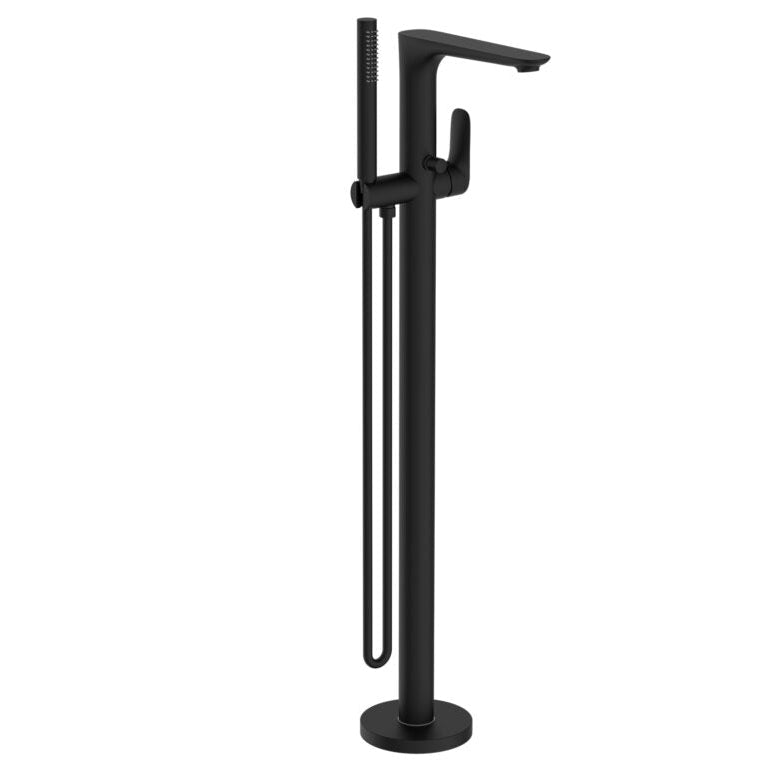 A matte black freestanding bath filler with a hand shower, part of the Nero brand bath tapware collection.