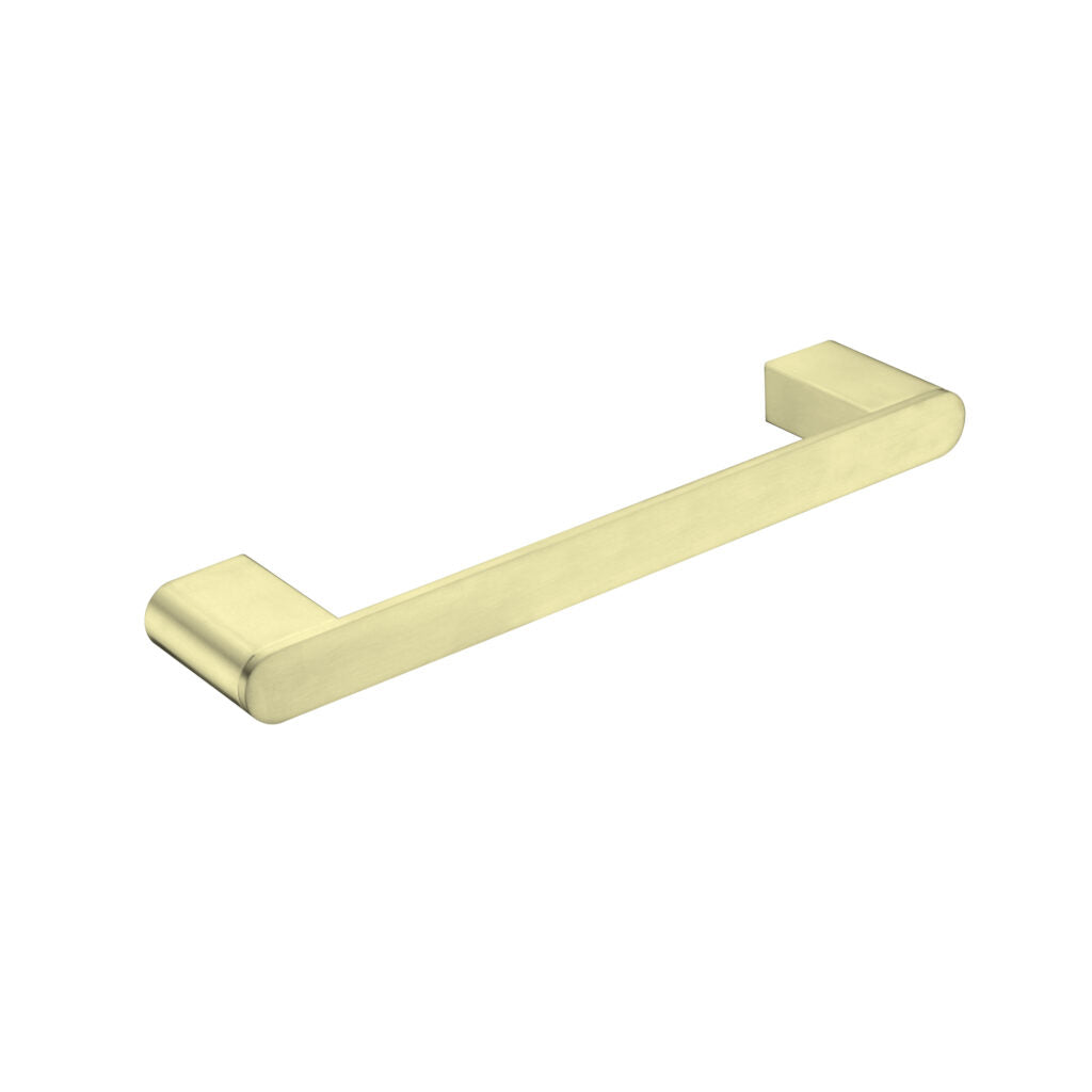 Brushed gold hand towel rail with a sleek, contemporary design.