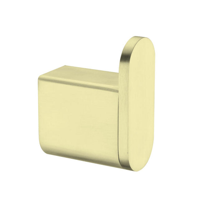 A single Brushed gold  robe hook with a simplistic and modern design.