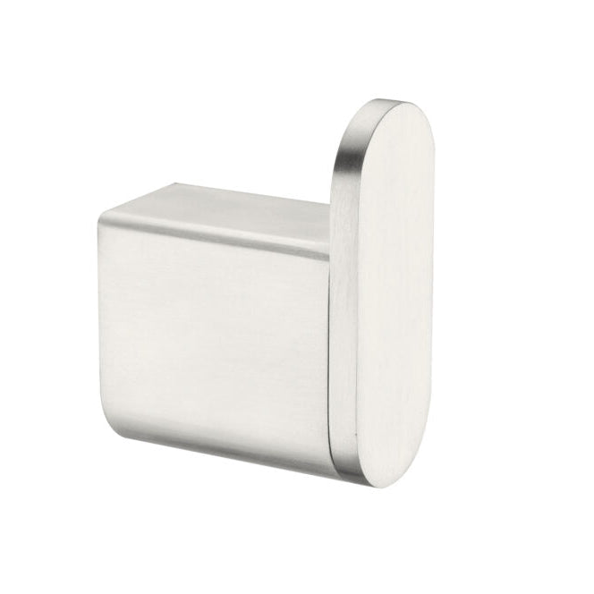 Brushed nickel robe hook with a simplistic and elegant design, isolated on a white background.
