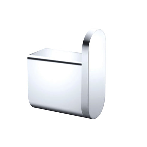A silver chrome robe hook with a simplistic and modern design.