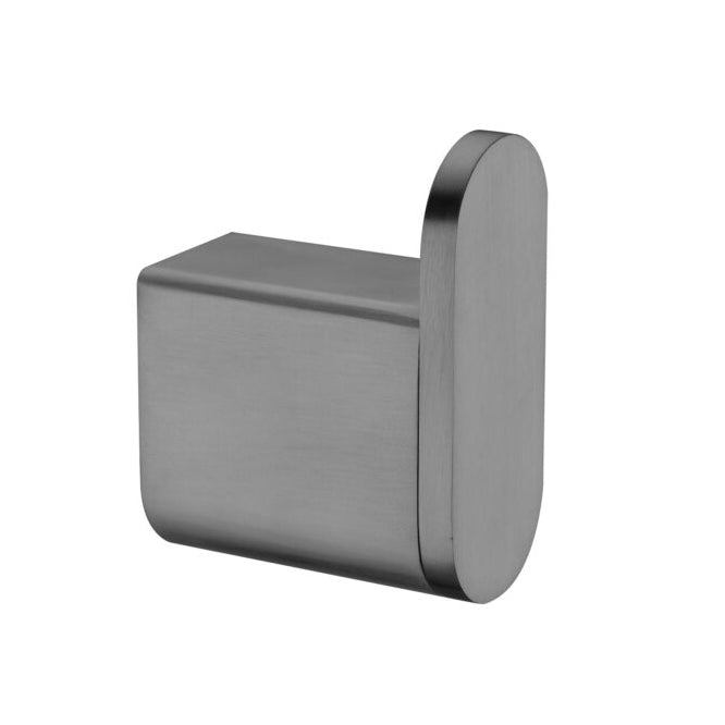 A single gun metal robe hook with a simplistic and modern design.