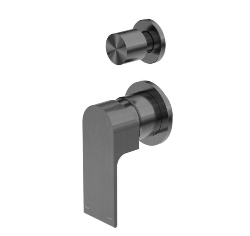 Gun metal shower mixer with diverter, presented in two pieces, showing the mixer body and the diverter.