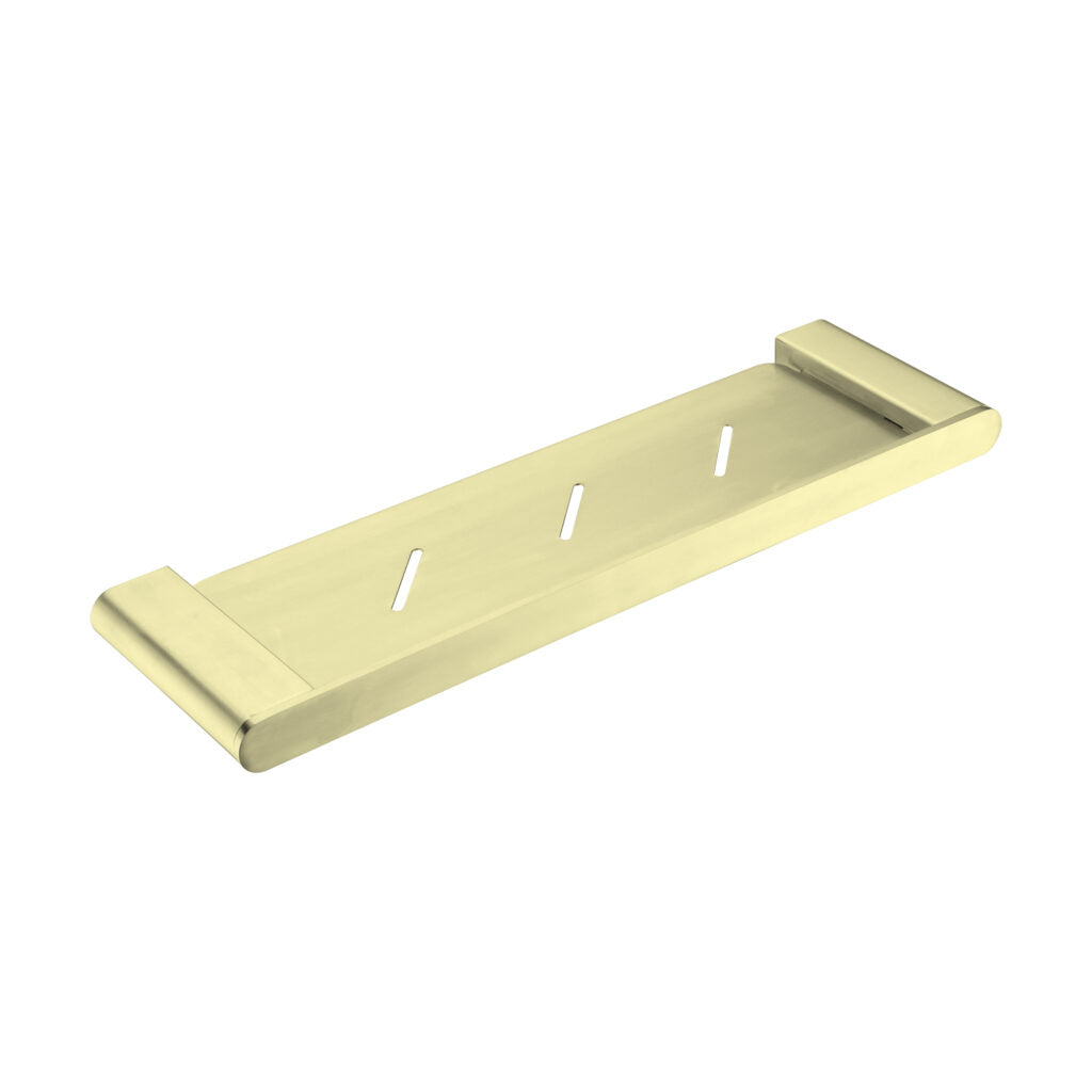 Brushed gold shower shelf , part of Nero's Bianca accessory collection.