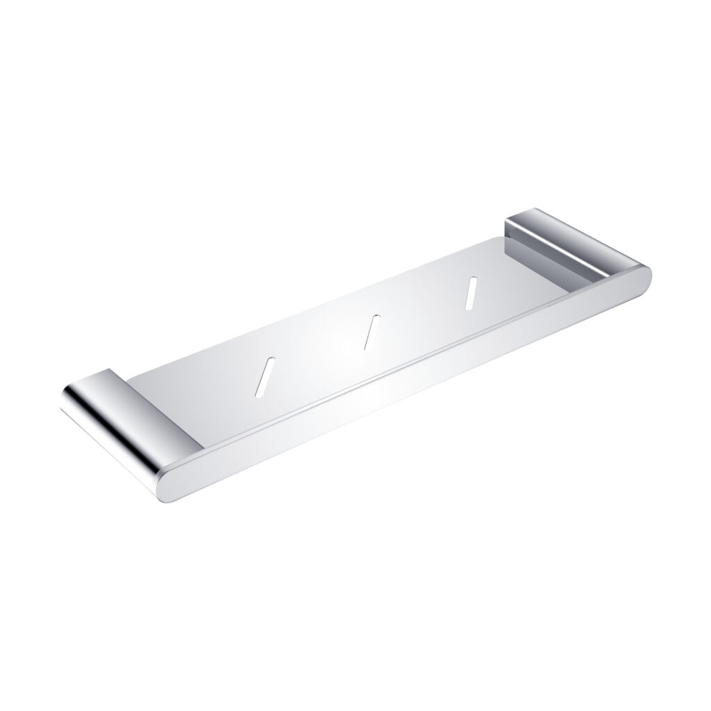 A silver-colored chrome shower shelf with a simple, modern design, featuring a flat bar with two support legs.