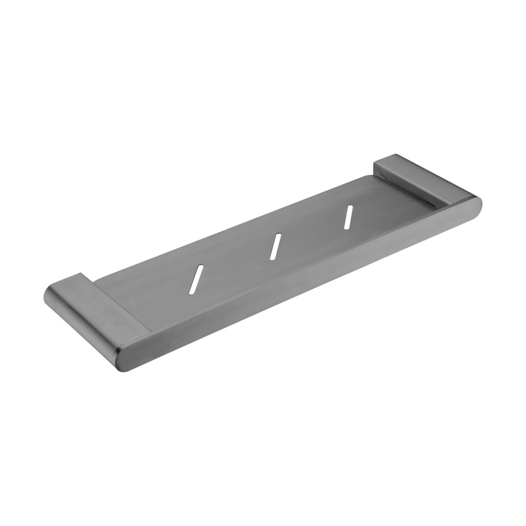 A gun metal shower shelf accessory with a simple, modern design.