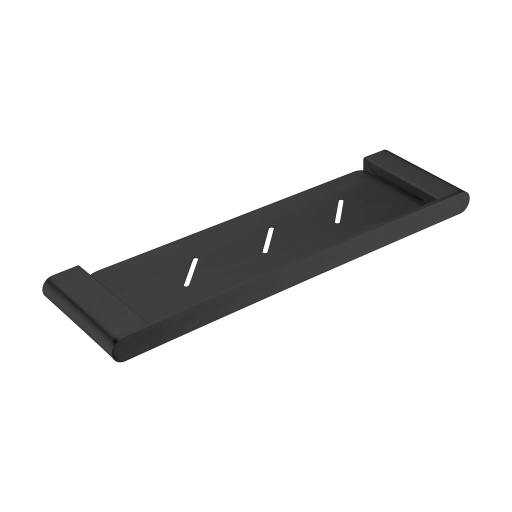 A matte black shower shelf accessory with a sleek, contemporary design.