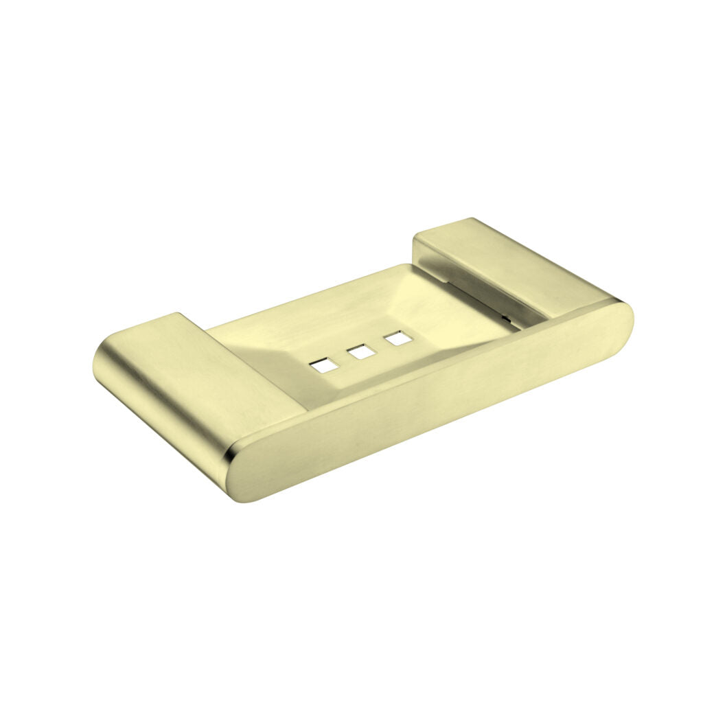 A brushed gold metal soap dish with a simple, elegant design.