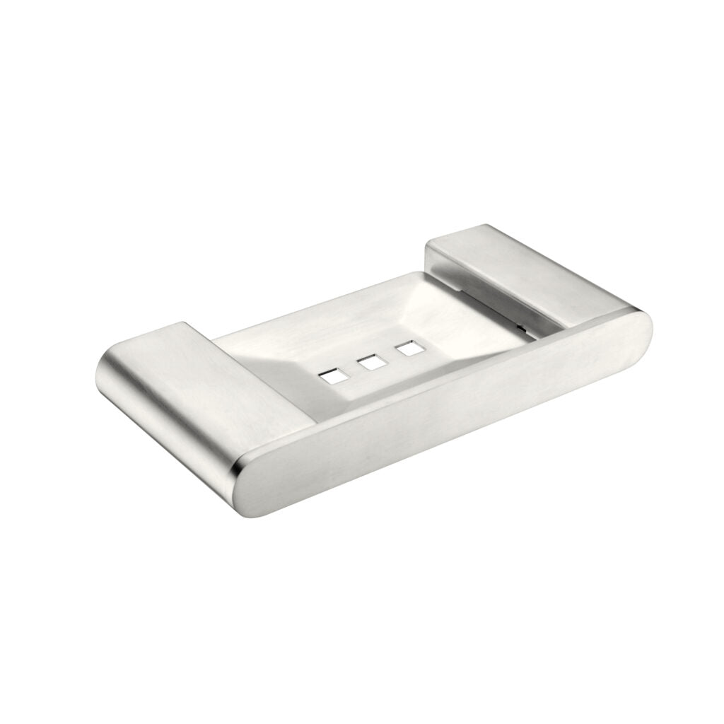 Brushed nickel metal soap dish with a simple, modern design featuring a rectangular shape .
