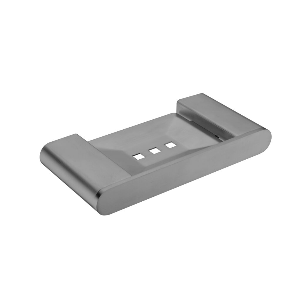 A gunmetal soap dish with a simple, elegant design.