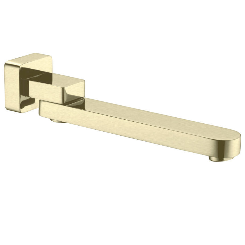 A brushed gold swivel bath spout with a bold and modern design, capable of folding away when not in use.
