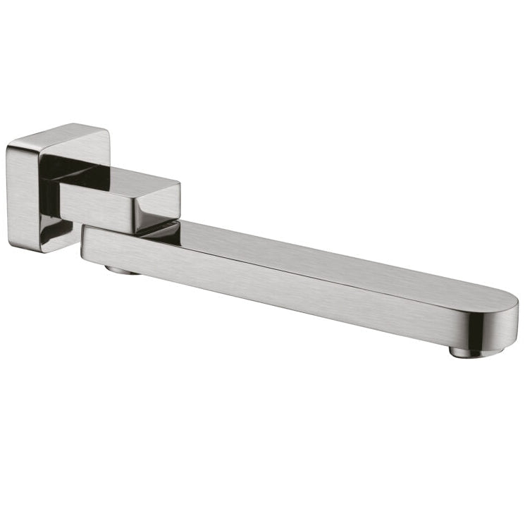 A brushed nickel swivel bath spout with a bold and modern design, capable of folding away when not in use.