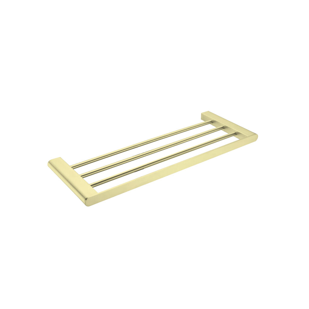 Brushed gold towel rack with a sleek, contemporary design consisting of horizontal bars on a rectangular backplate.