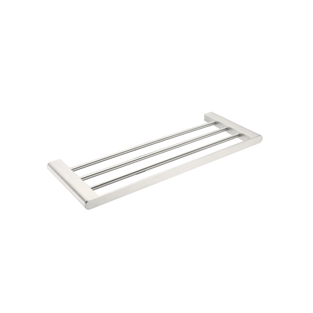 Brushed nickel towel rack with a simple, contemporary design, featuring a single bar and a rectangular mounting plate.