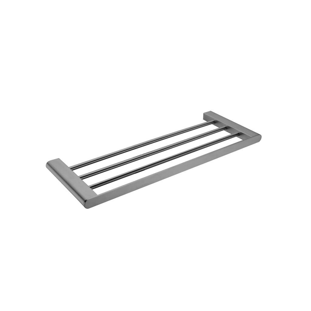 Gunmetal towel rack with a sleek, contemporary design consisting of horizontal bars on a rectangular backplate.