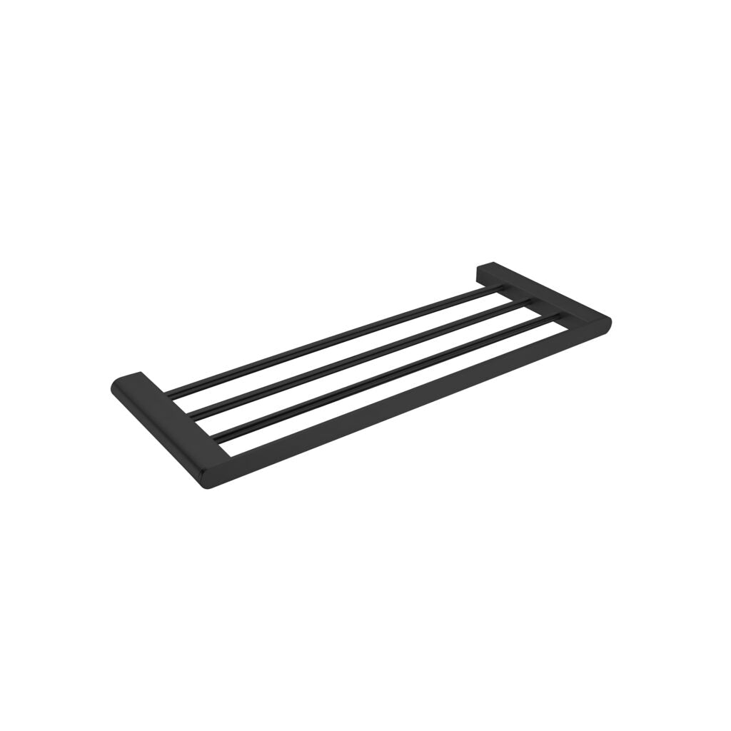 Matte black towel rack with a sleek, contemporary design consisting of horizontal bars on a rectangular backplate.