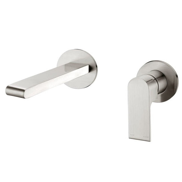 brushed nickel wall basin/ bath tap set with same size laser cut backplates