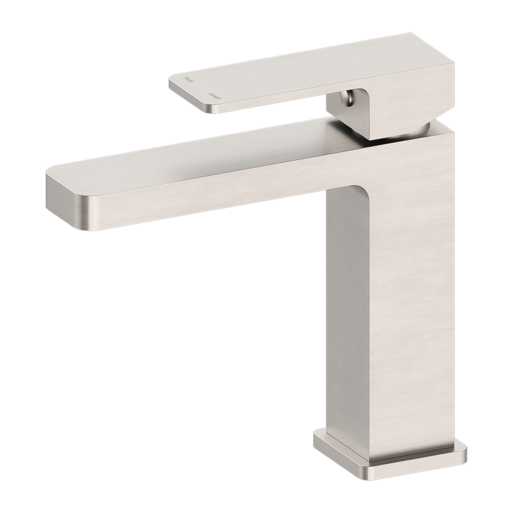 Brushed nickel basin mixer tap with a sleek, modern design, featuring a high arch and a single lever on top.