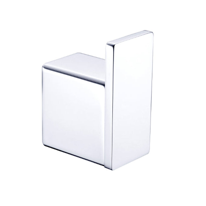A silver chrome robe hook with a simplistic and modern design.