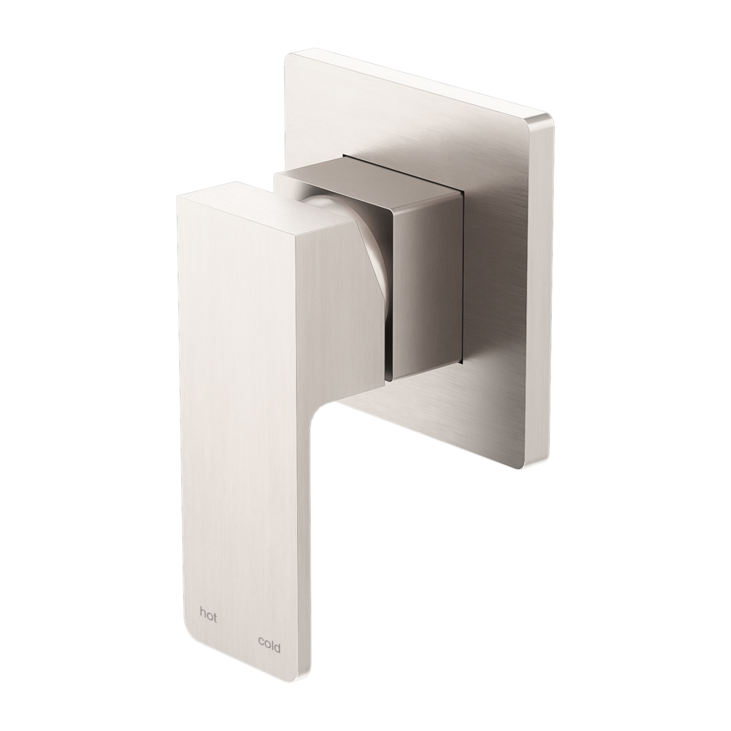 A brushed nickel shower mixer with a square design and a single lever.