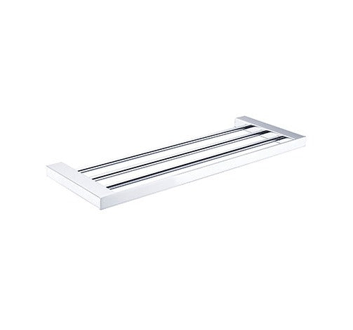 A silver towel rack with a simple, modern design, colour finish chrome.