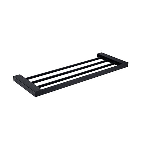 Matte black towel rack with a simple, modern design, consisting of a solid black metal bars.
