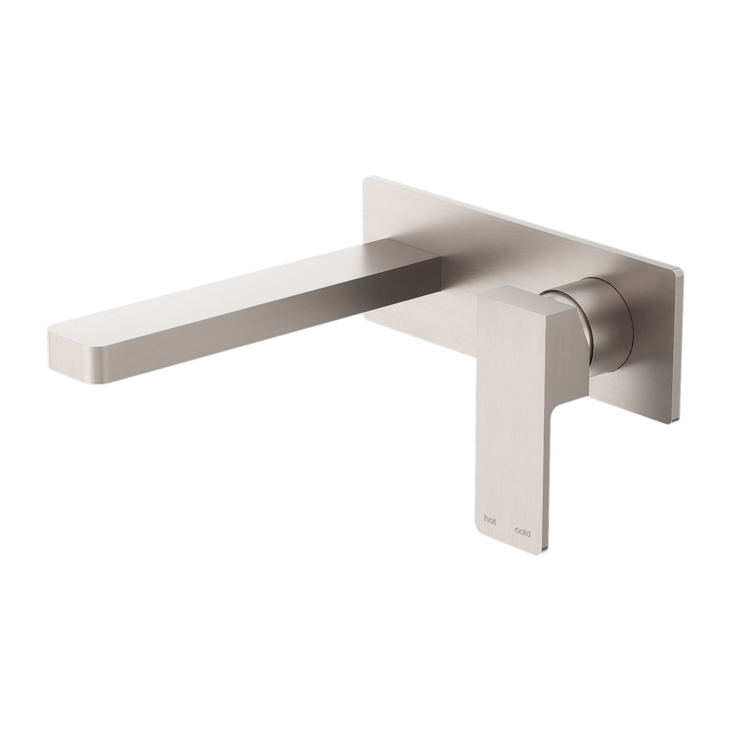 A brushed nickel wall-mounted basin mixer set with a simplistic square bold modern design.